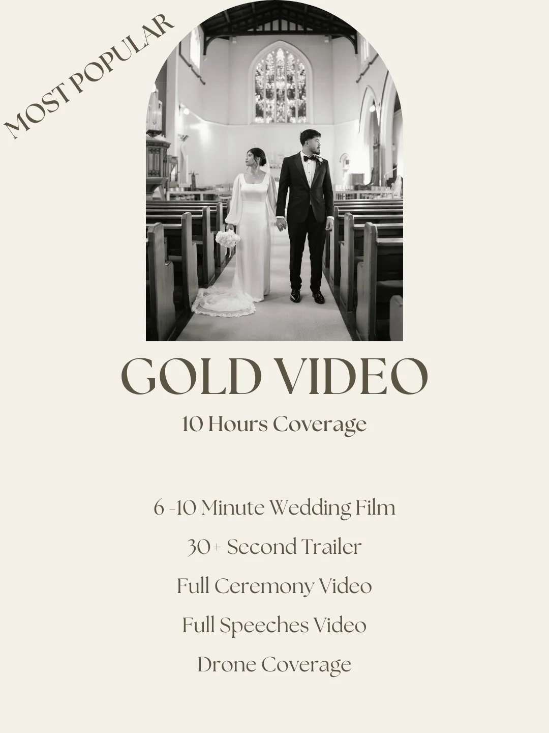 Flyer for Gold Video wedding videography service featuring a black and white photo of a bride and groom standing inside a church, with event details and coverage options listed.