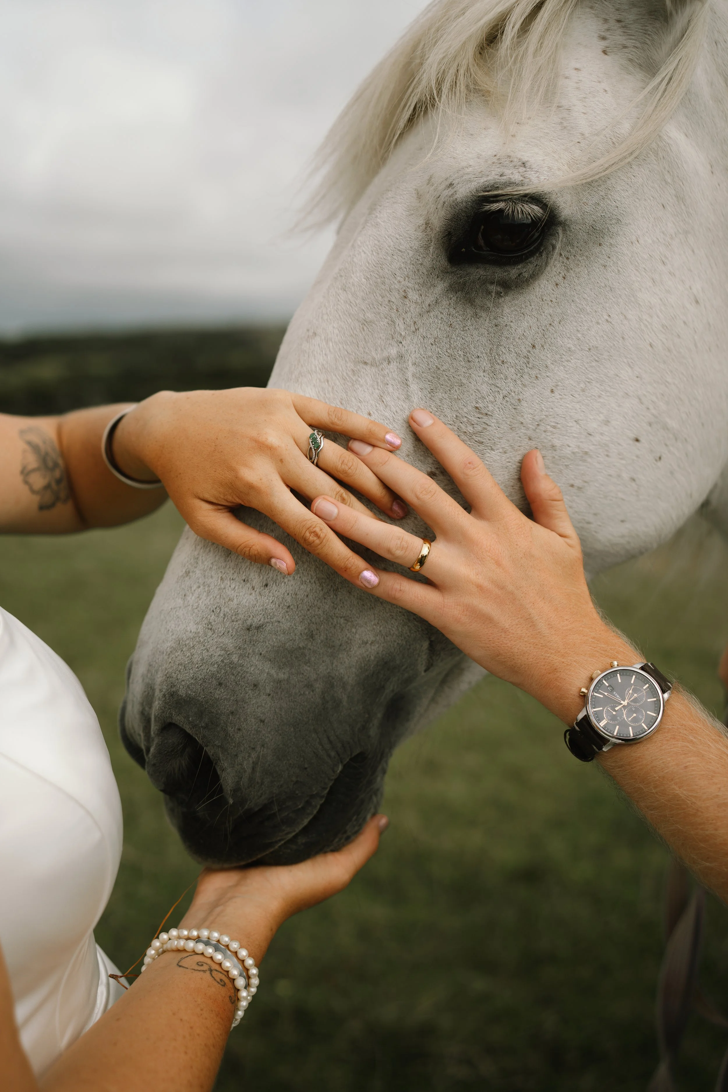 Two people affectionately holding a white horse's face, touching its nose, outdoors on a cloudy day.