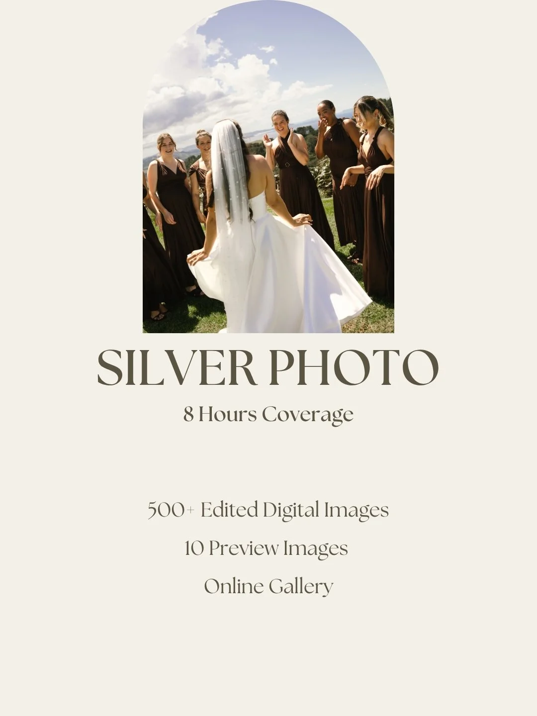 A wedding scene with a bride and six bridesmaids outdoors, the bride is in a white wedding dress and veil, and the bridesmaids are in matching dark dresses, with clouds and sky in the background.