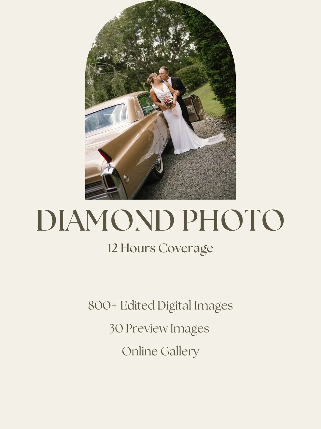 A wedding couple standing beside a vintage gold car, with trees and greenery in the background.