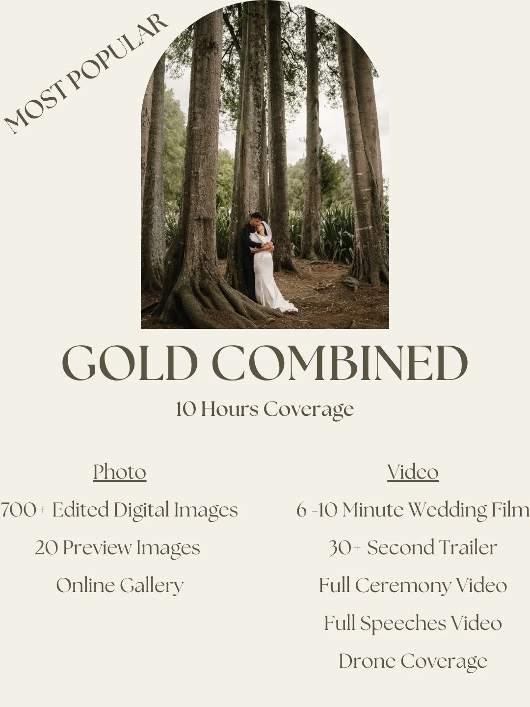Wedding couple standing among tall trees in a forest during daytime for a photography advertisement.