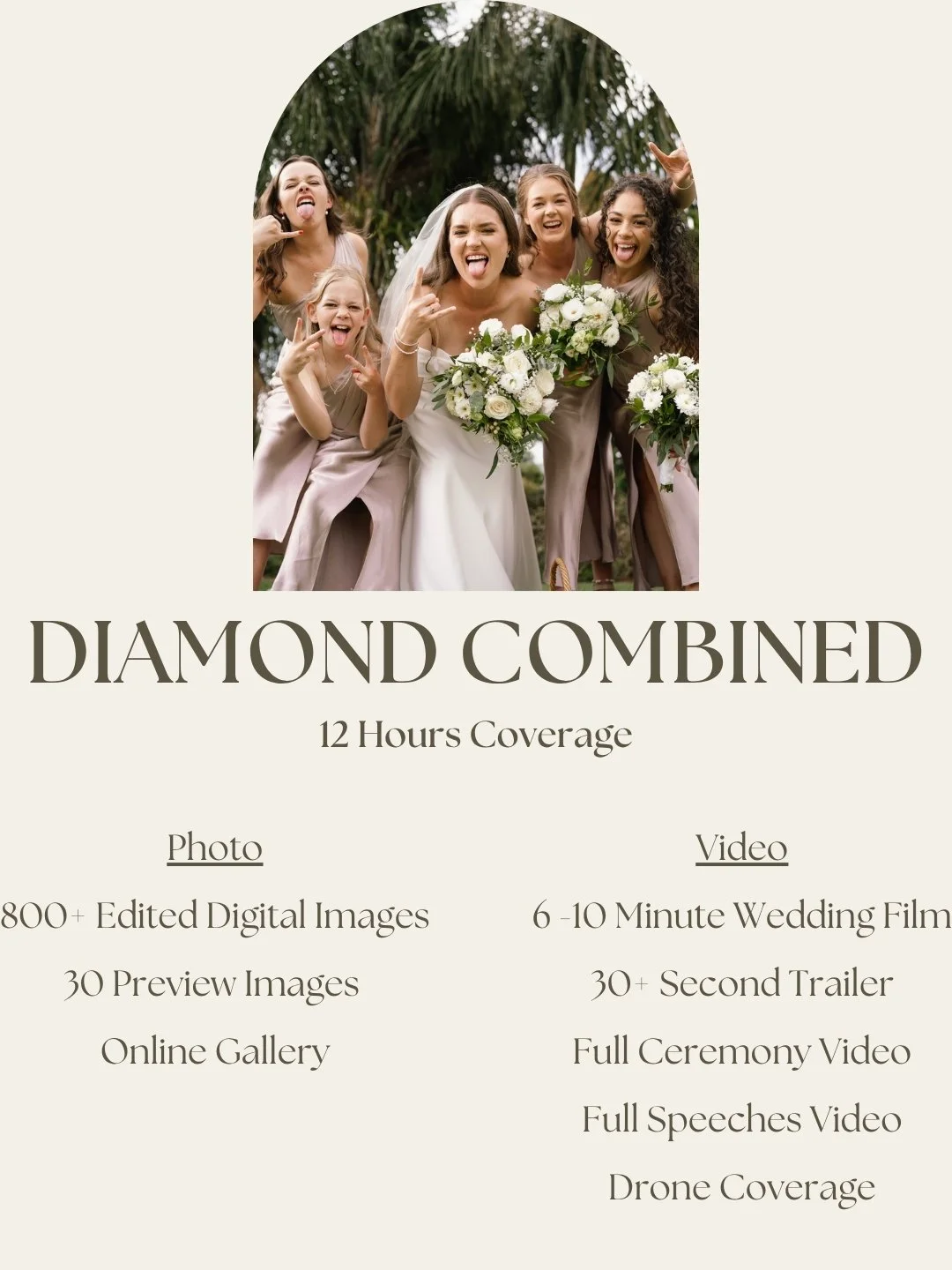 A group of women and girls making silly faces at a wedding, with one woman in a white dress holding a bouquet of white flowers, and the others in pastel dresses, outdoors with palm trees in the background.