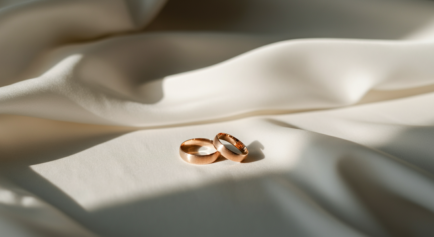 Two gold wedding bands resting on white satin fabric with soft shadows and gentle folds.
