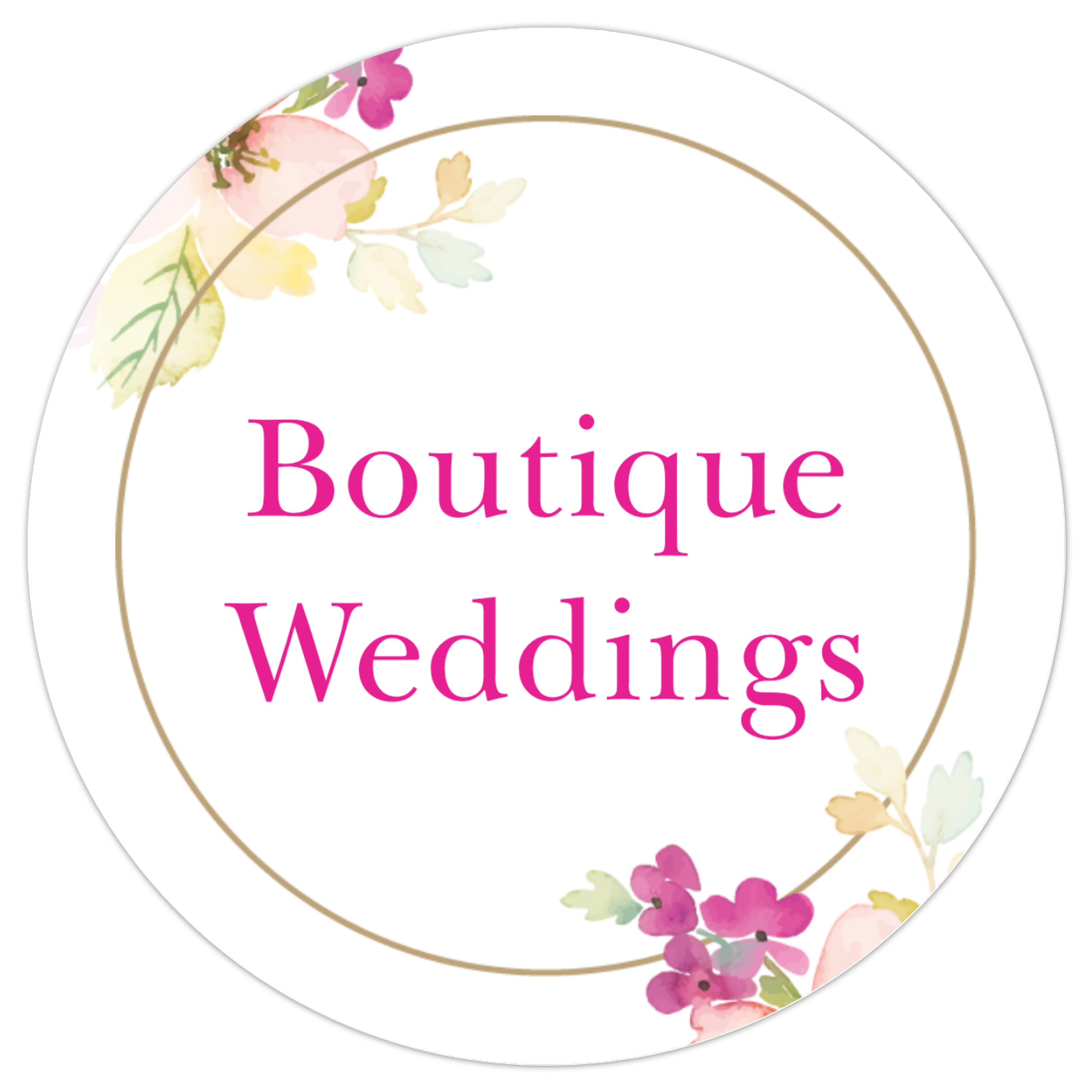 Circular logo with pink text that reads 'Boutique Weddings' surrounded by pastel-colored floral illustrations.