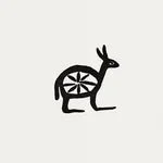 Stylized drawing of a kangaroo with a circular design on its side.