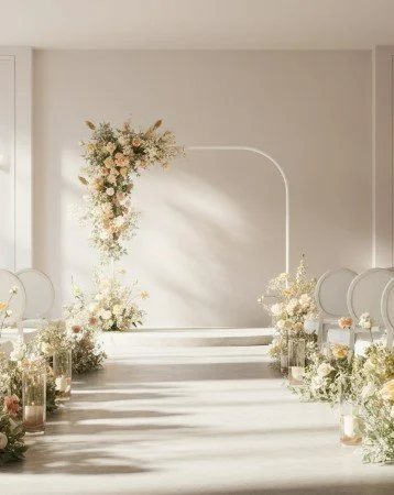 Wedding ceremony setup with floral arrangements along the aisle and a floral arch at the front.