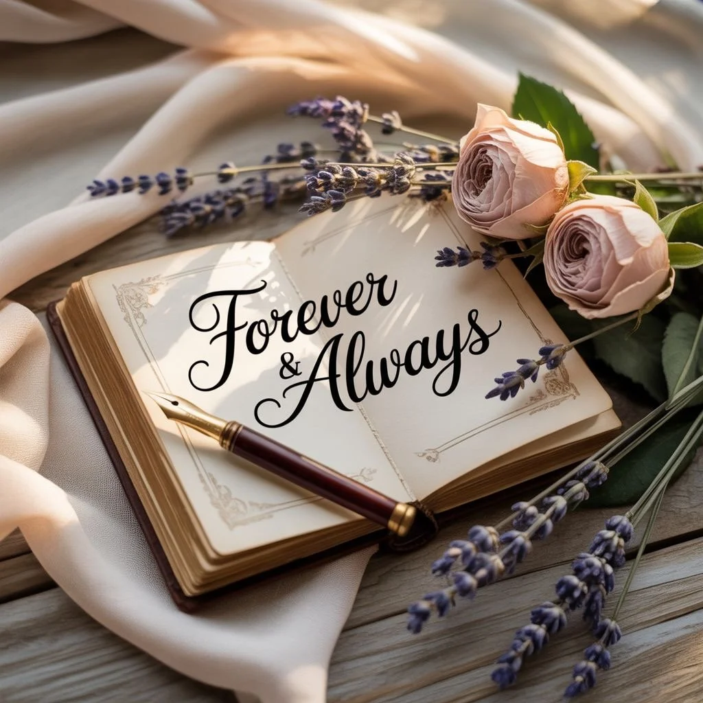 An open vintage book displays the words "Forever & Always" in black cursive font. The book is decorated with two pink roses and sprigs of lavender, with sunlight casting shadows. A fountain pen rests on the page, all on a wooden surface with a soft, light-colored fabric.