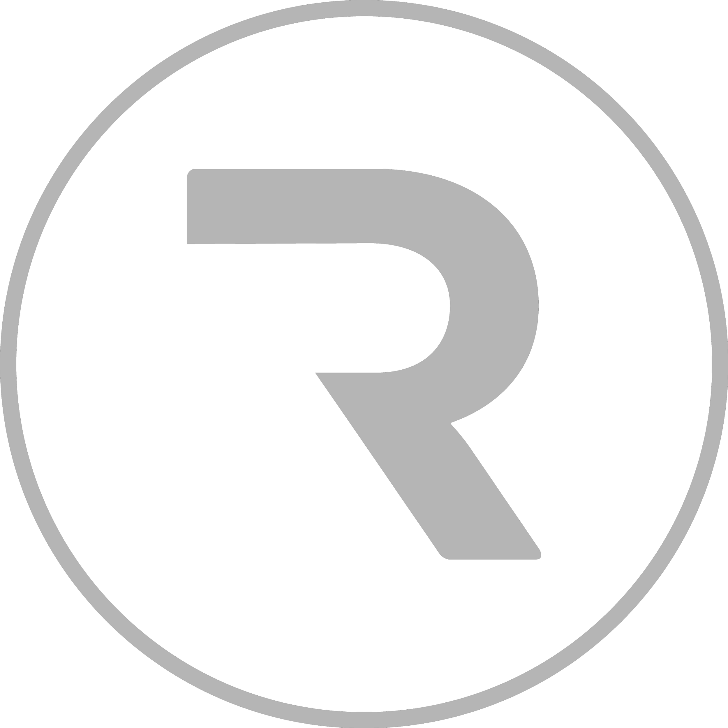 Black circular logo with a gray letter R in the center, outlined by a gray ring.