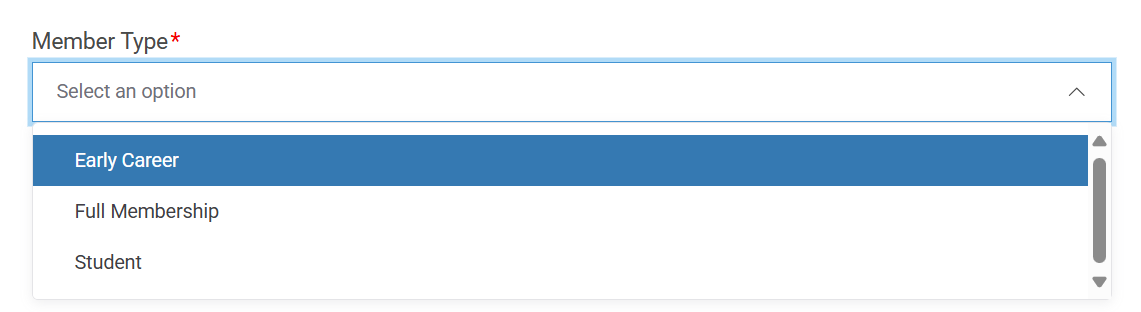 Dropdown menu showing options for member types: Early Career, Full Membership, Student.