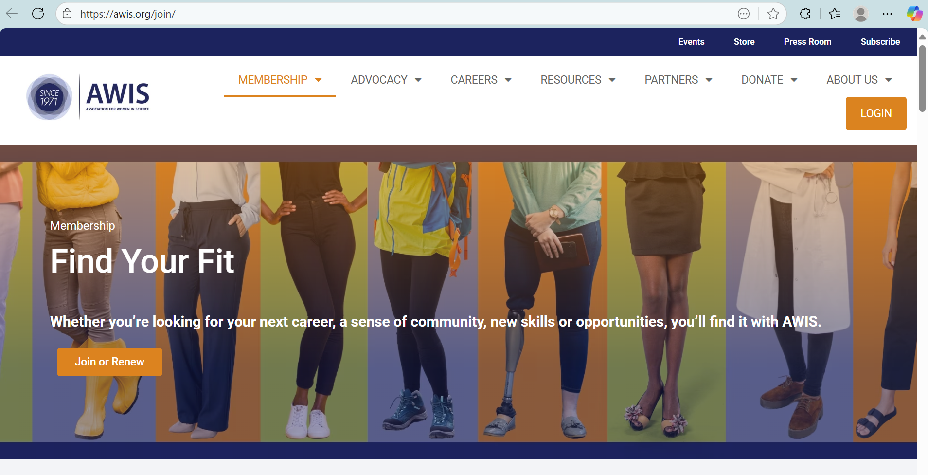 Members of diverse women in various outfits standing in a row, representing community and empowerment, on the homepage of the Association for Women in Science (AWIS) website.