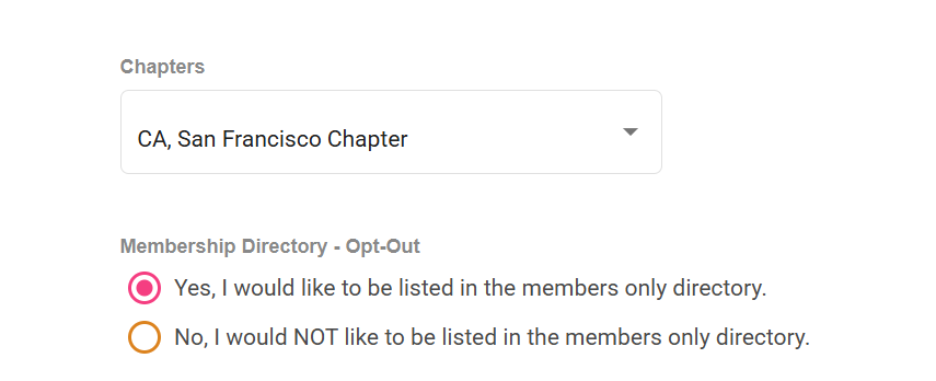 Screenshot of a membership registration form with a dropdown menu for selecting a chapter, showing 'CA, San Francisco Chapter,' and options for opting into a members-only directory.