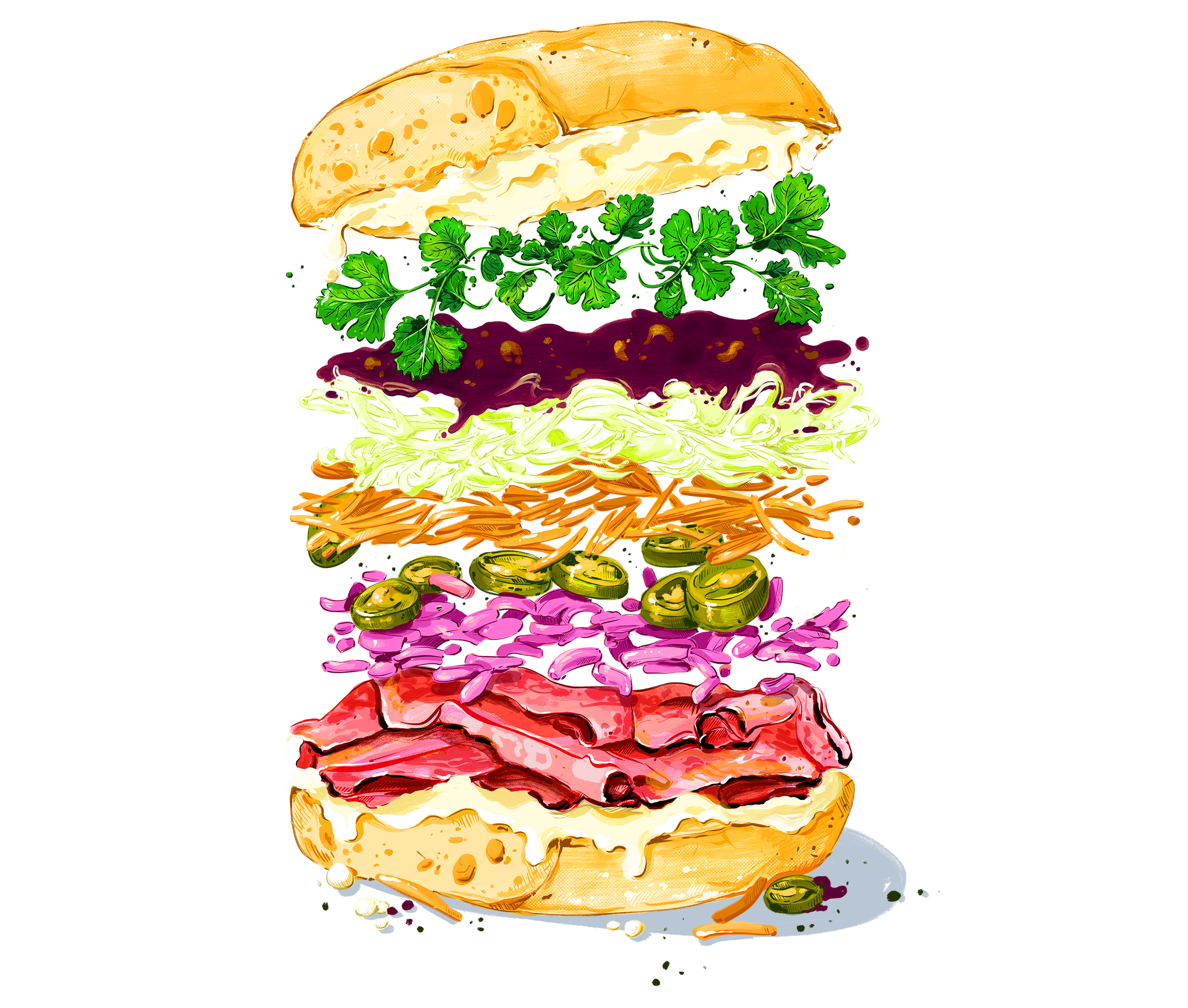 A digital illustration of a layered sandwich with various ingredients including bread, lettuce, meat, cheese, pickles, and vegetables.