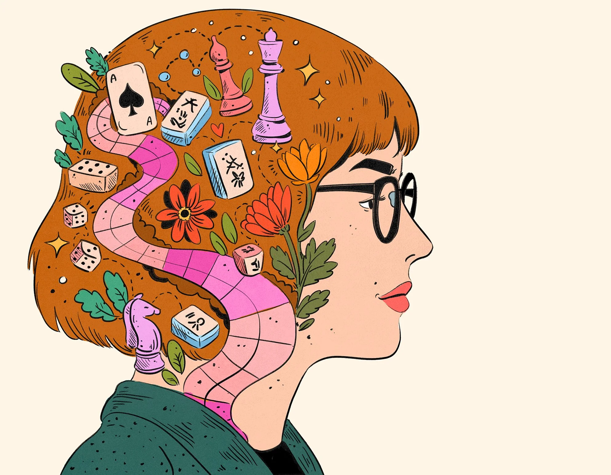 A woman with glasses and short brown hair, facing right, with her head turned slightly clockwise. Her hair is filled with colorful illustrations of flowers, dice, chess pieces, playing cards, a snake, and other symbolic objects.