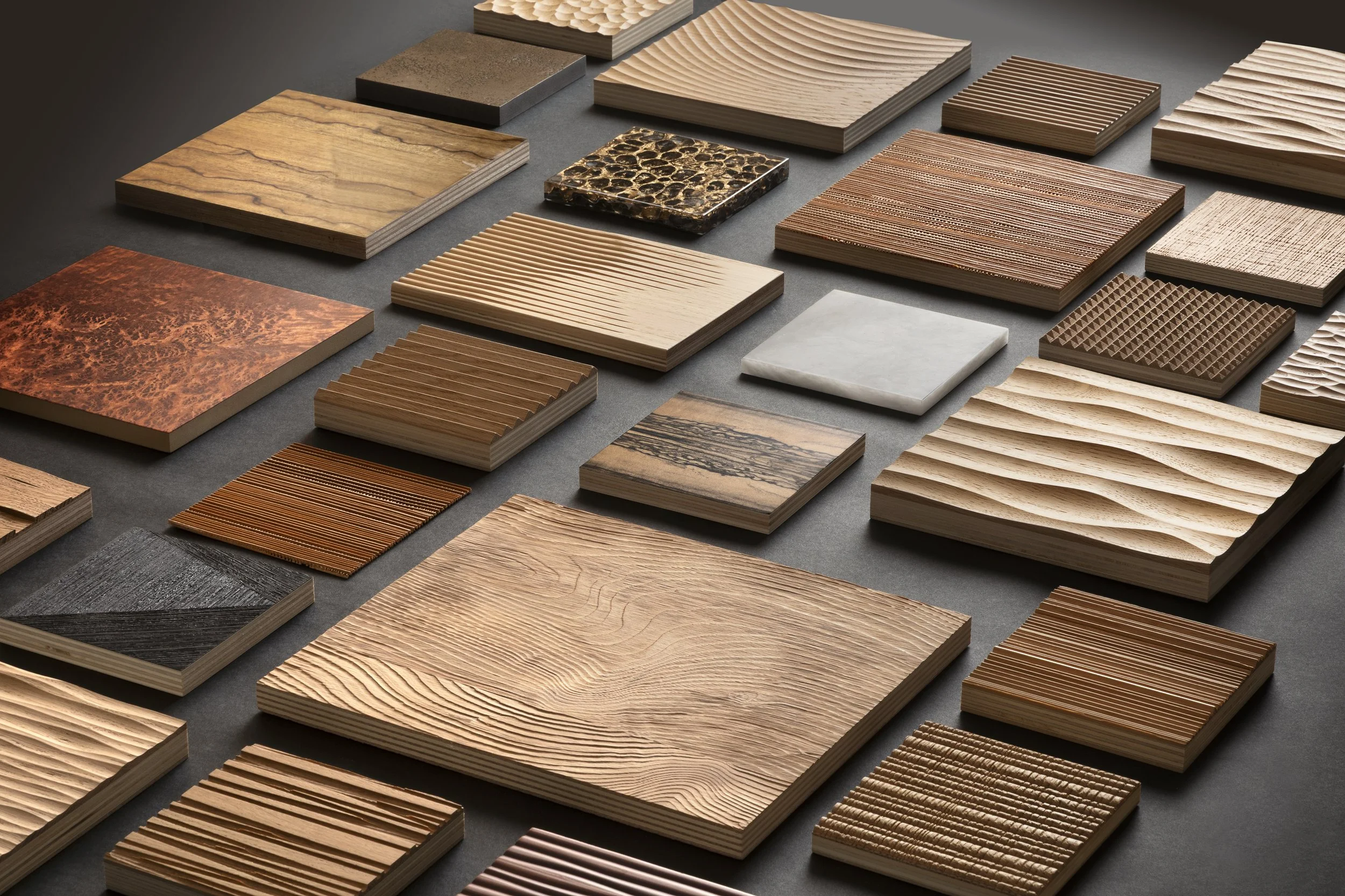 vues d'échantillons de matières en bois et albâtre Lamellux