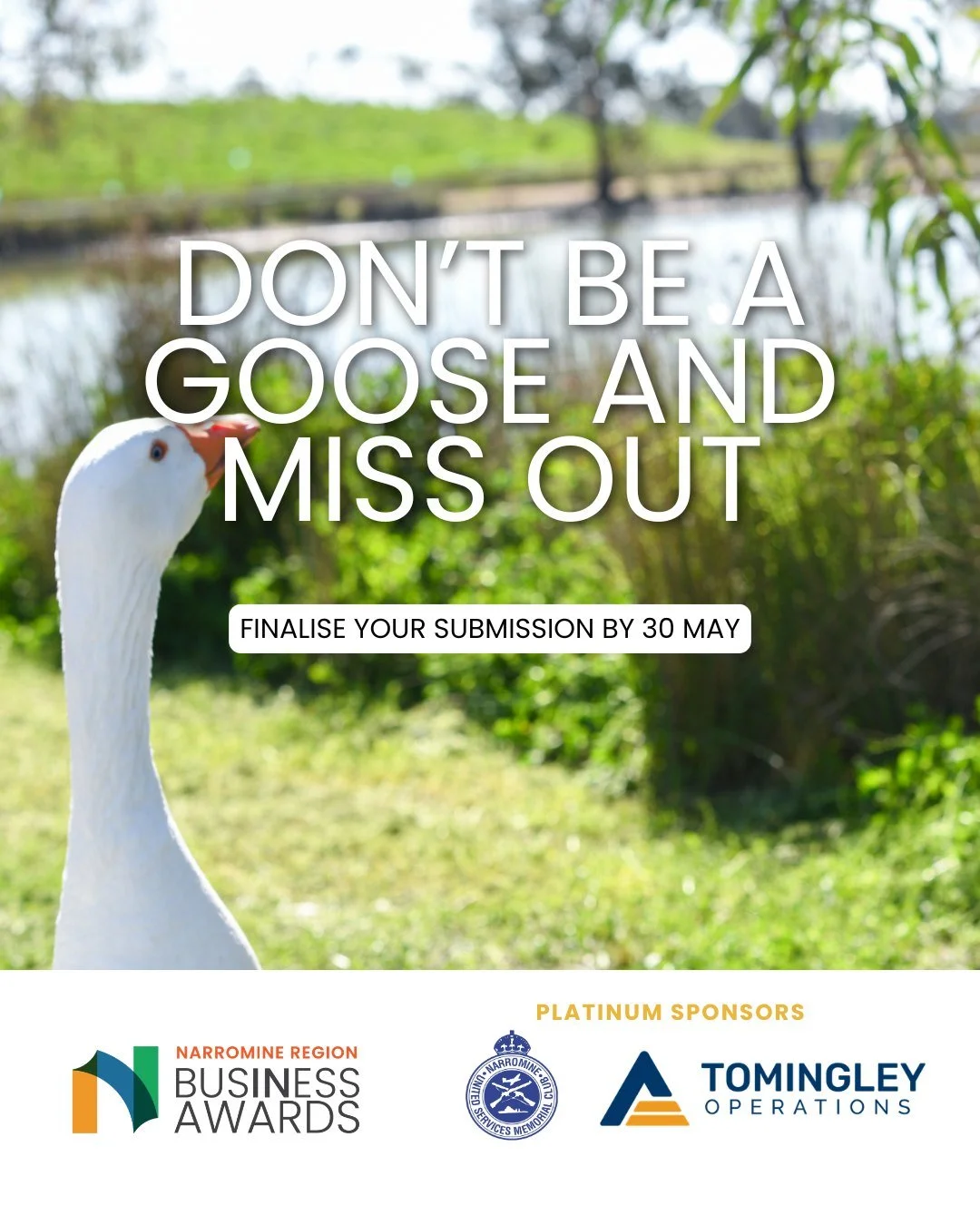 🪿 Don&rsquo;t be a Goose and miss out!

Submissions for the Narromine Region Business Awards 2026 are closing this week 👀

A huge thank you to the many businesses and individuals who have already submitted their entries &mdash; we&rsquo;ve loved se