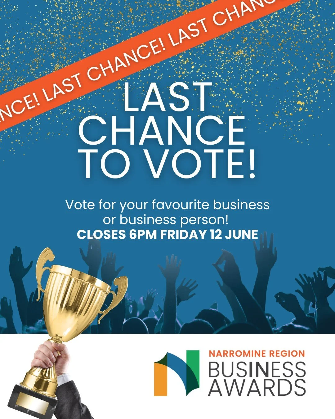 🗳️ Last Chance to Vote!

The clock is ticking... Public voting for the Narromine Region Business Awards 2026 closes this Friday at 6pm.

There&rsquo;s still time to back your favourites in:

🏆 Narromine Region&rsquo;s Favourite Business
🔨 Tradie o