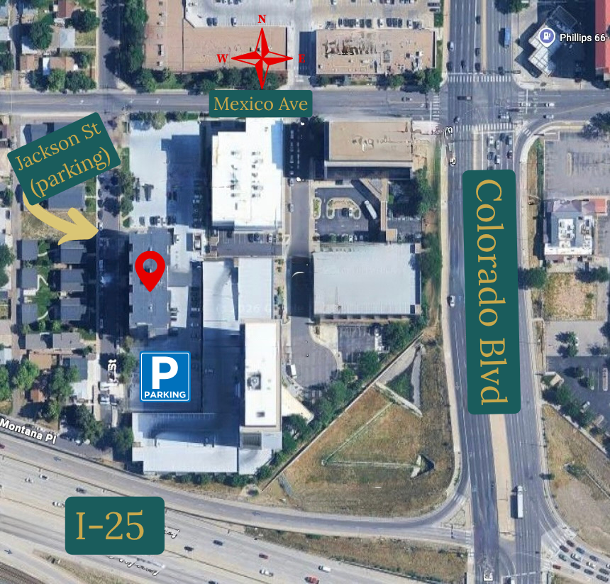 Satellite view of B2 Direct Care office showing buildings, parking areas, streets, and labeled roads including Mexico Ave and Colorado Blvd. There are parking signs and a red location marker on a building near Jackson St.