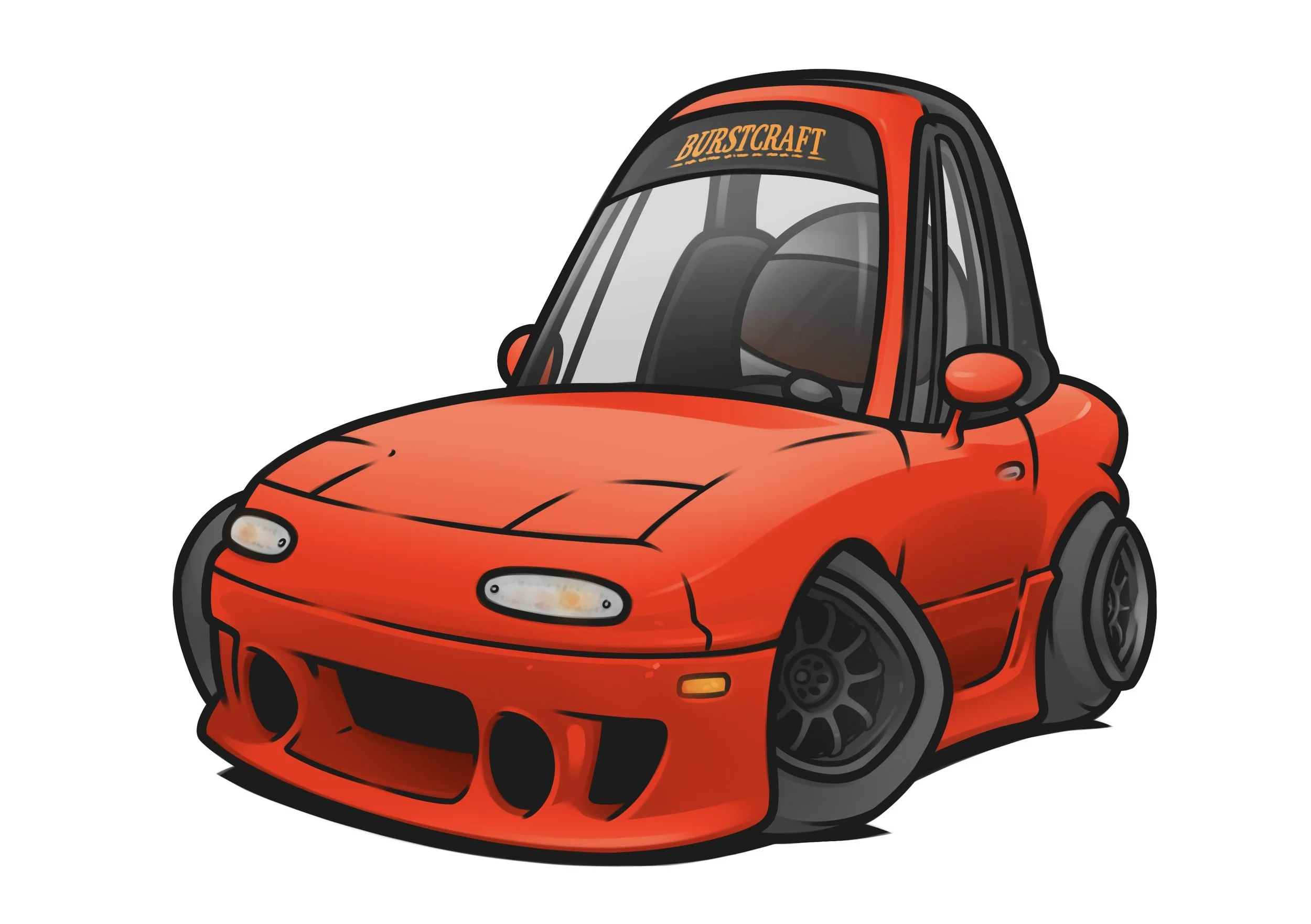 Cartoon red compact car with an adjustable front bumper, black wheels, and a black and red body, featuring a black spoiler with 'Burstcraft' written on it.