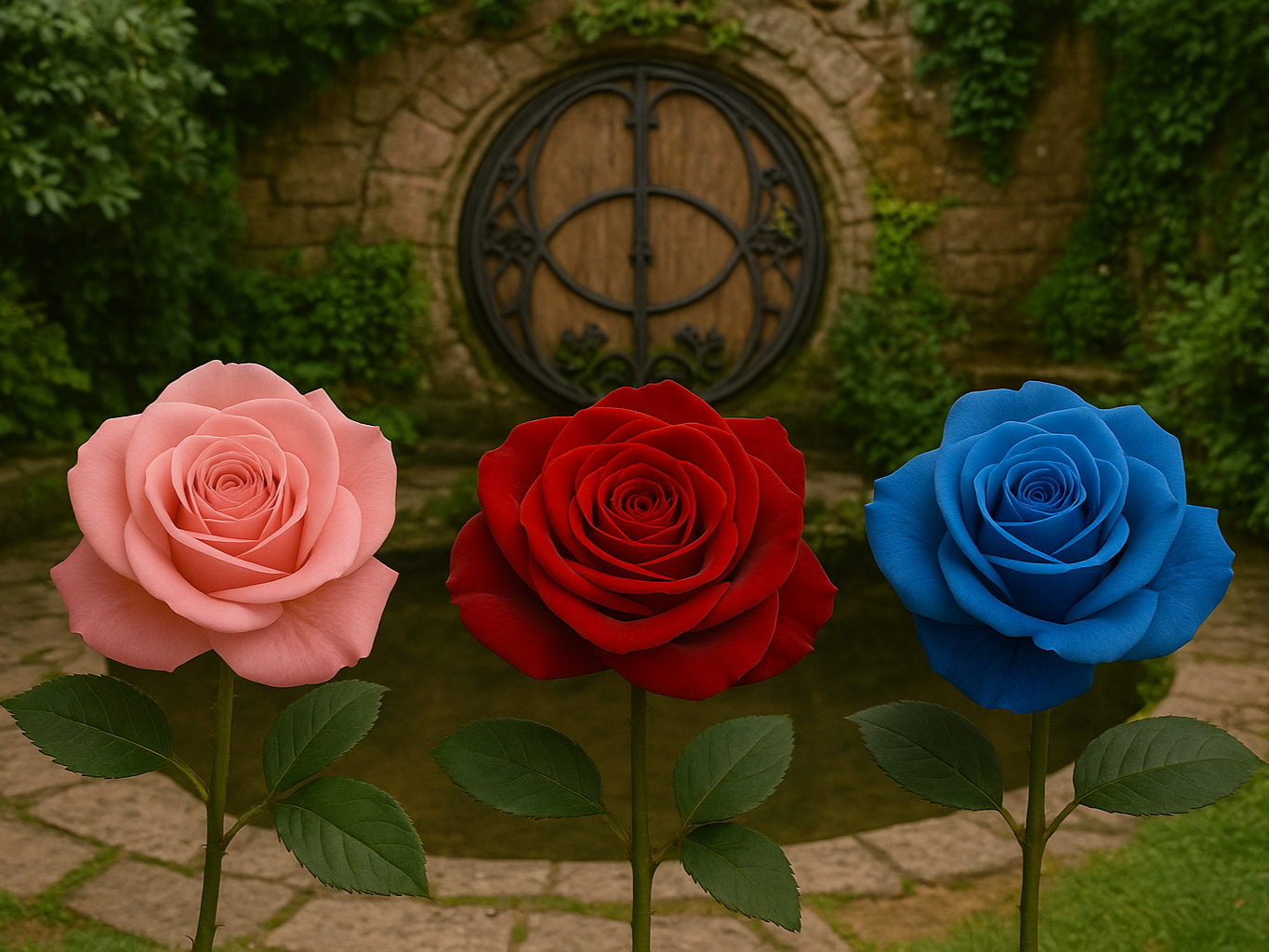 Three roses, pink, red, and blue, arranged in a row in front of a garden fountain with a circular stone wall and greenery.