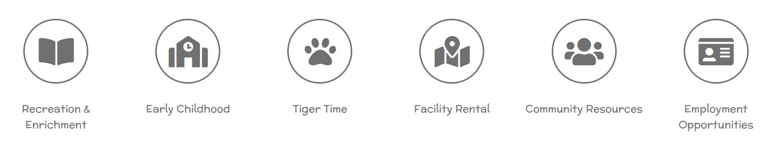 Icons representing Recreation and Enrichment, Early Childhood, Tiger Time, Facility Rental, Community Resources, and Employment Opportunities.