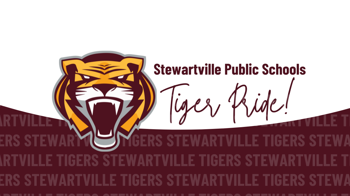 School logo for Stewartville Public Schools featuring a roaring tiger's head and the text "Tigers Pride!" in stylized fonts.
