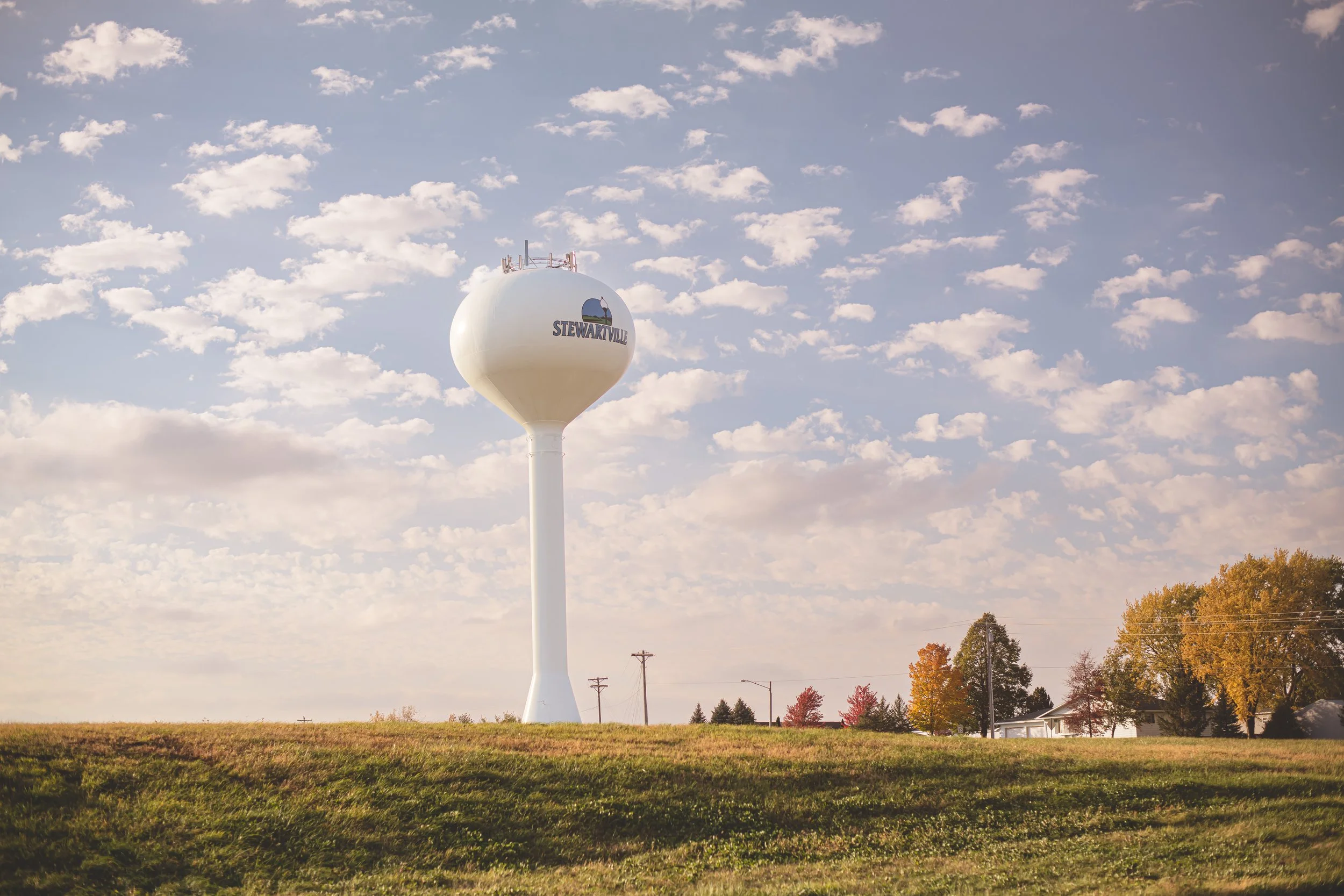 Water tower with the word 'Stewartville' and a dog silhouette, in a grassy area with trees and houses in the background, under a partly cloudy sky.