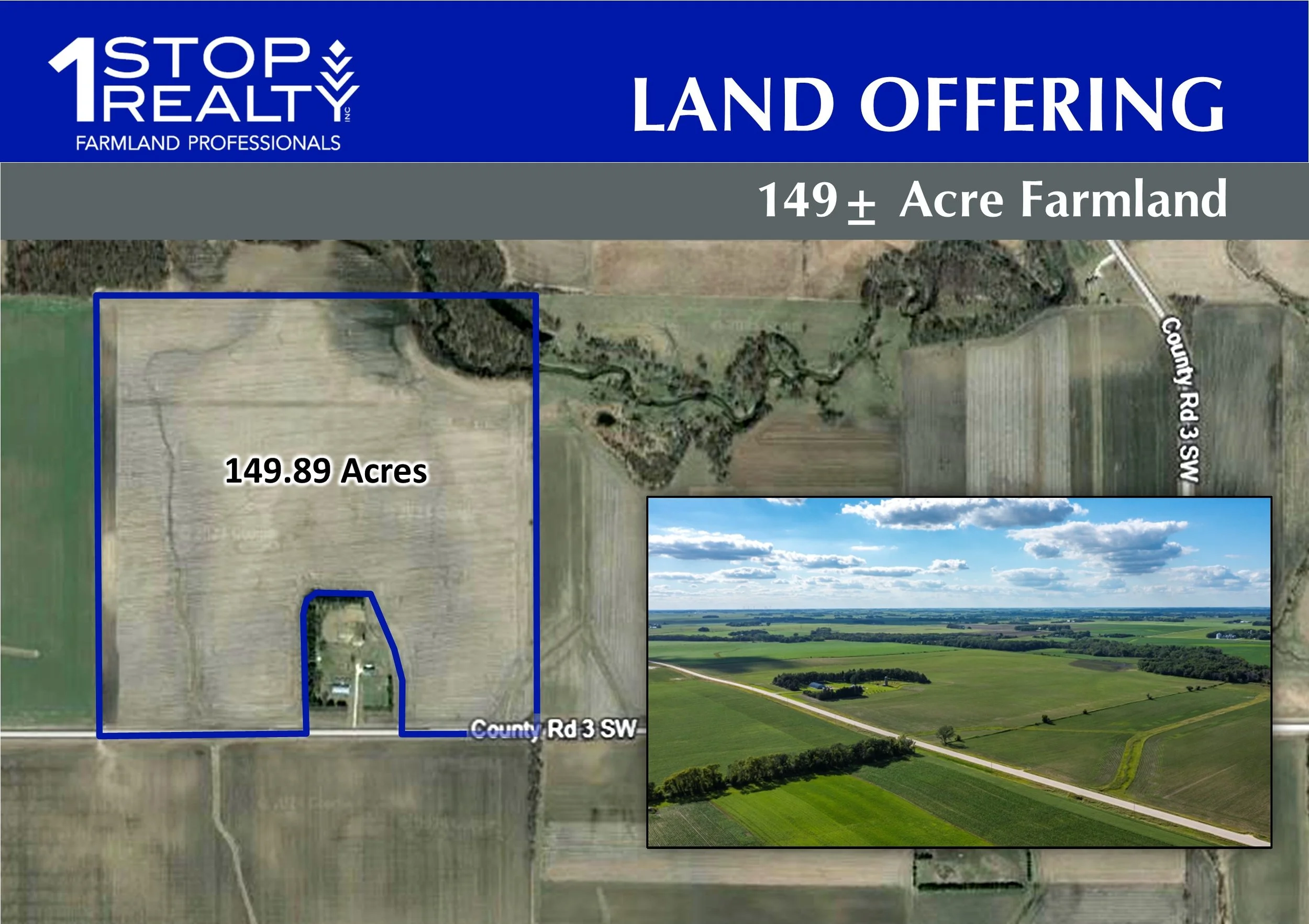 A land listing advertisement showing a highlighted 149.89-acre farmland plot outlined in blue on an aerial map, with a smaller inset photo of the farmland featuring green fields, trees, and a clear blue sky.