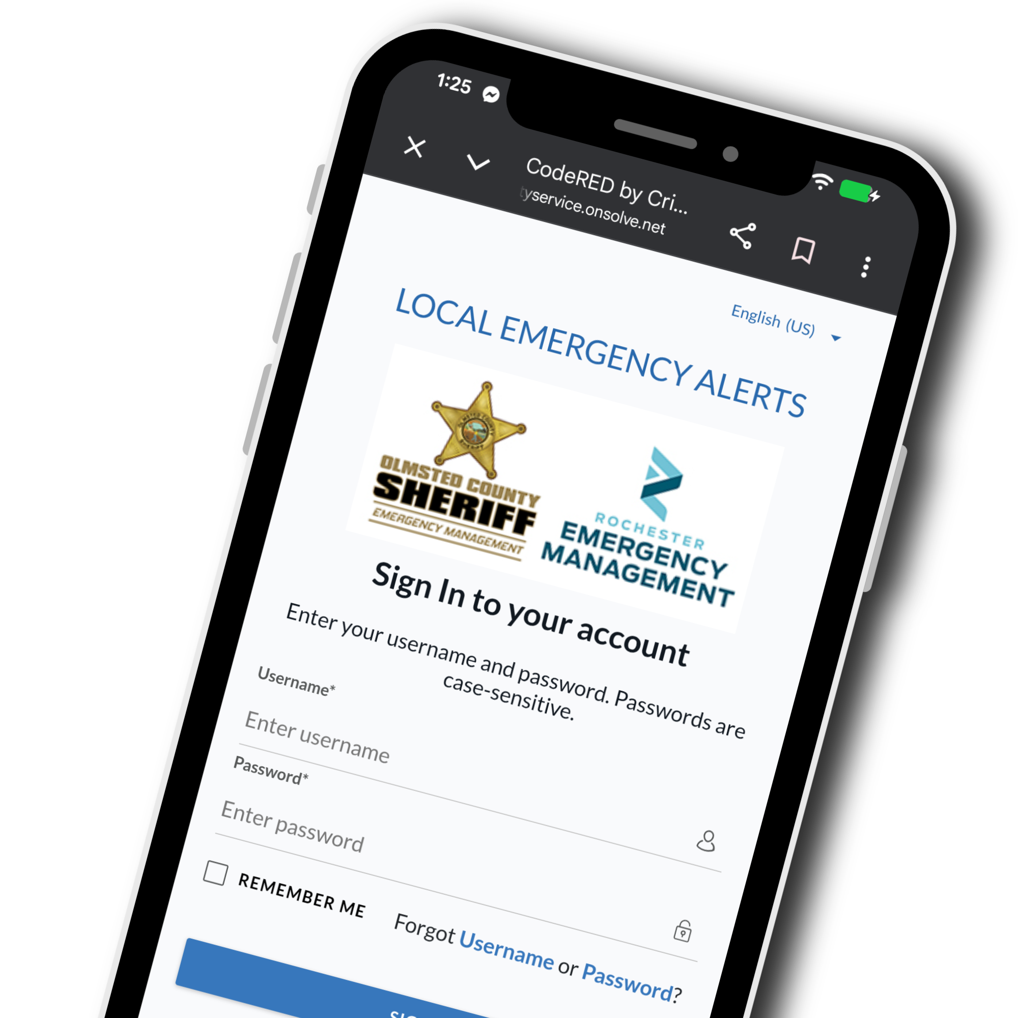 Smartphone screen displaying a local emergency alert login page, with logos of Olmsted County Sheriff and Rochester Emergency Management, and login fields for username and password.