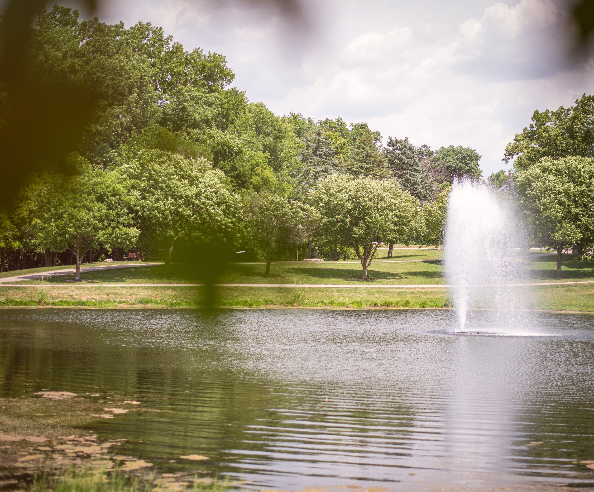 A park scene with green trees, a fountain in a pond, and walking paths under a cloudy sky.