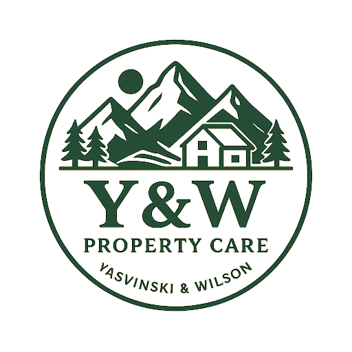 Logo for Y&W Property Care featuring mountains, a sun, trees, a house, and the company name.