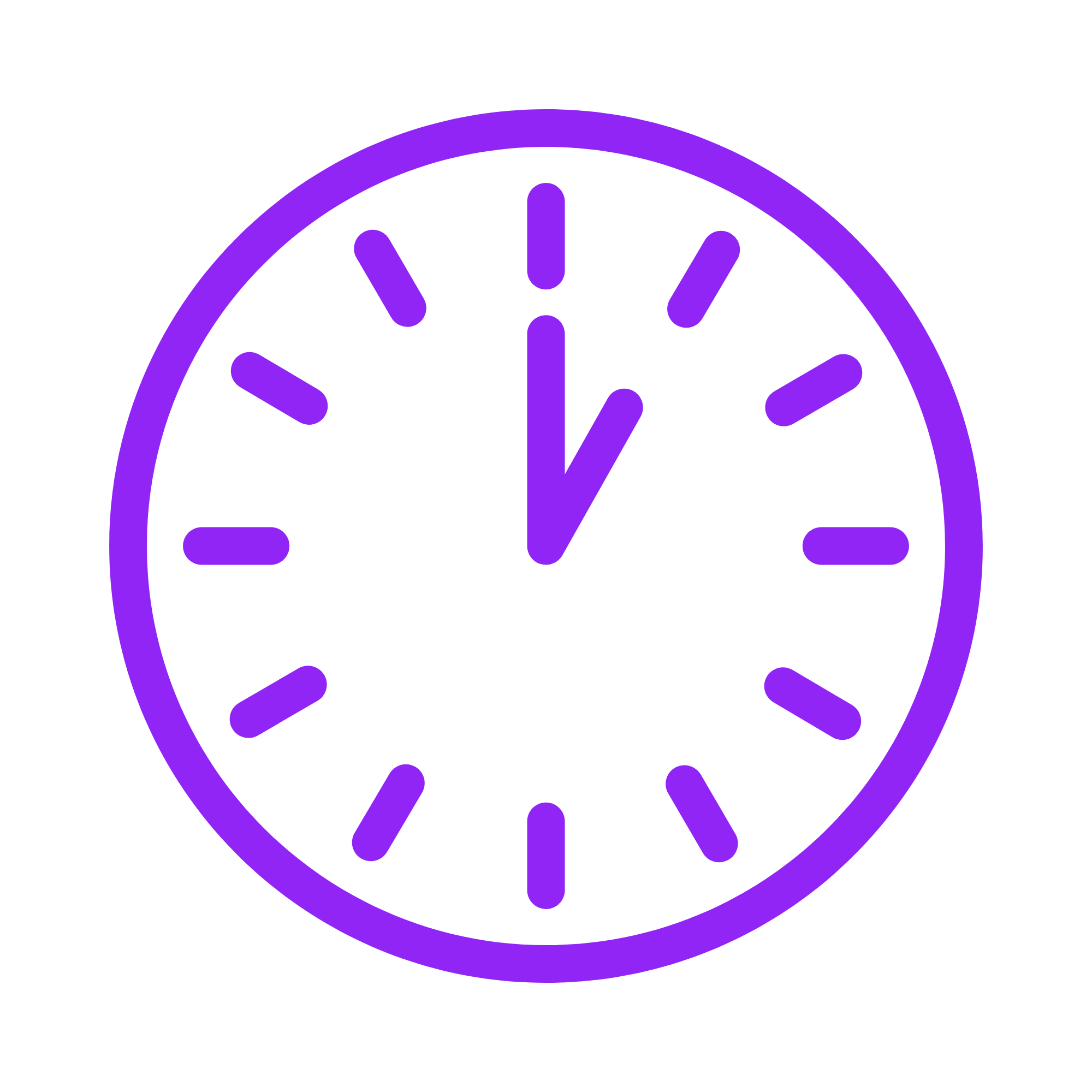 Digital clock showing 12:00 with purple outline and hands on black background.