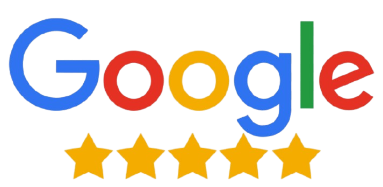 Google logo with multiple colors and five gold stars beneath it.