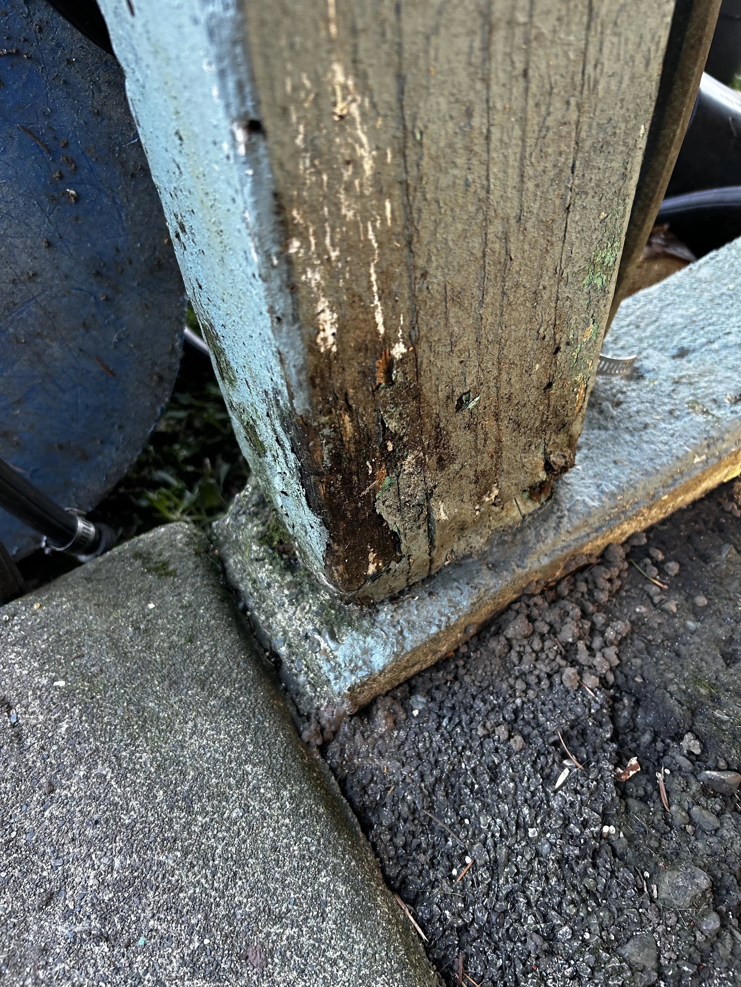 Close-up of a wooden post with old, peeling, and chipped paint, set on a concrete and asphalt surface, with visible signs of weathering and some moss or mold growth.
