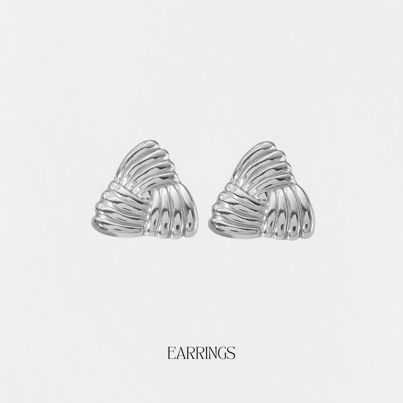 Silver fan-shaped earrings on a white background with the word 'EARRINGS' below