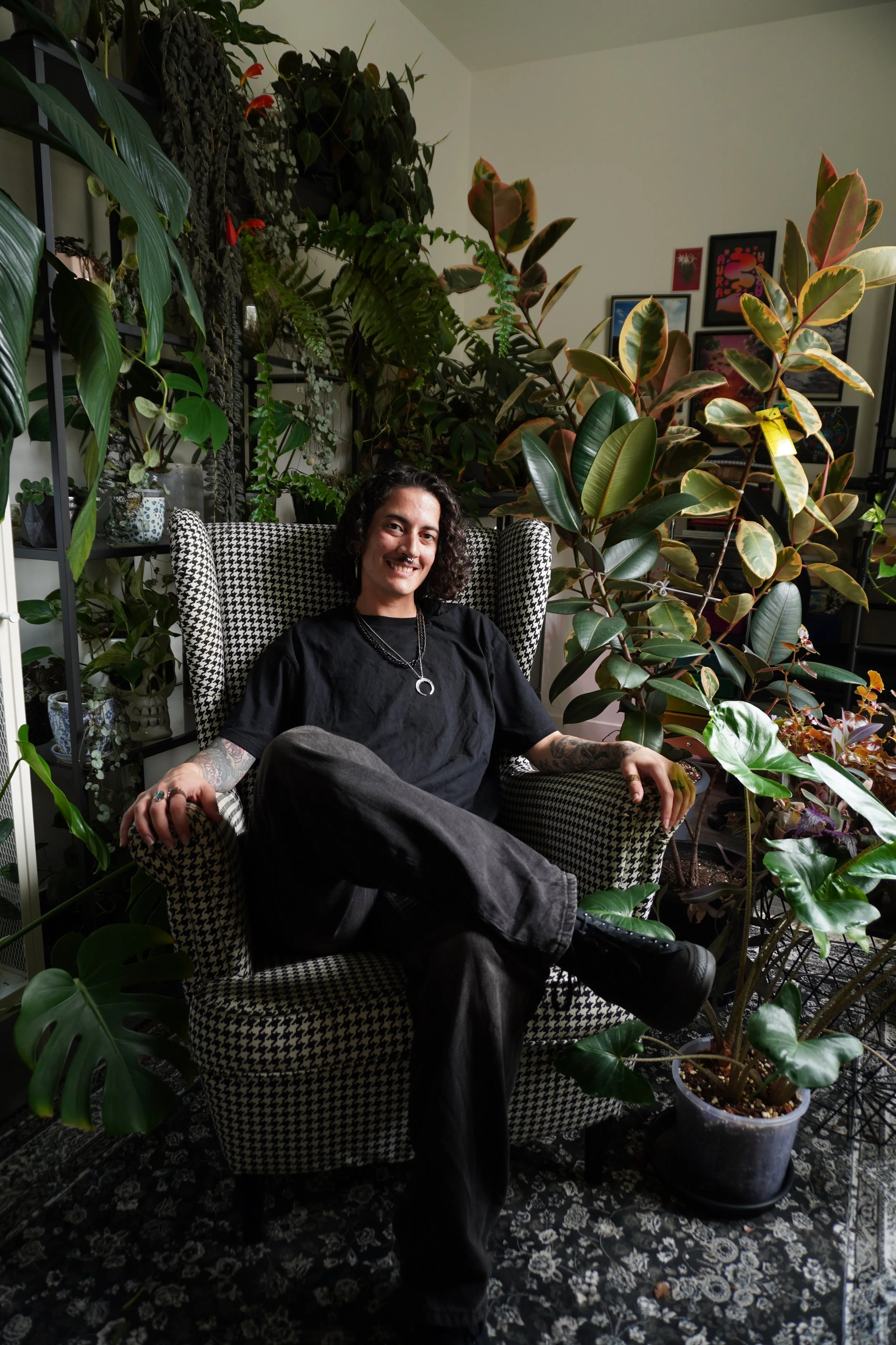 A person with curly dark hair, tattoos, and jewelry, sitting on a houndstooth patterned armchair, surrounded by large green and variegated foliage plants in a room with framed artwork on the wall.