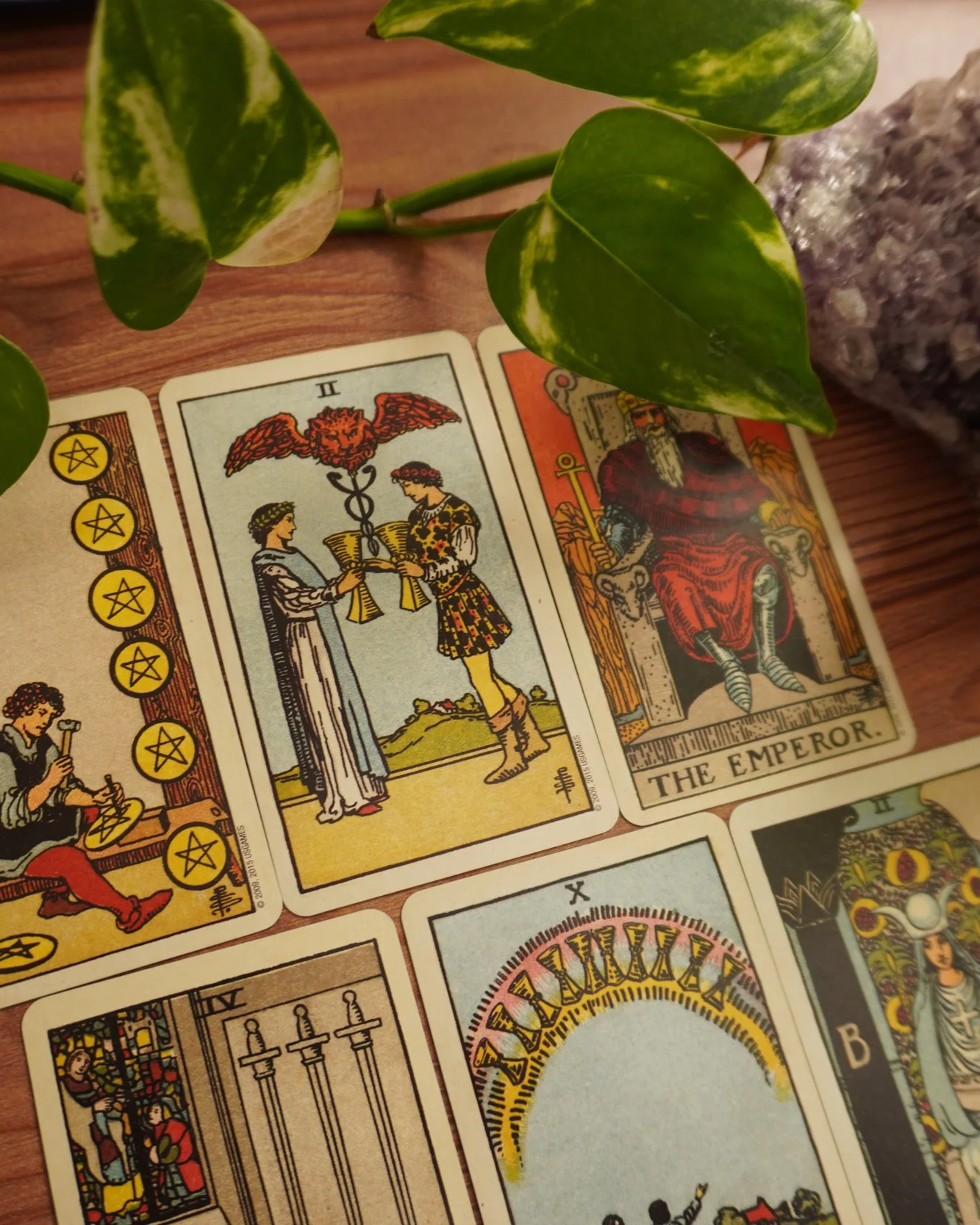 A spread of tarot cards on a wooden surface with green leaves and a stone nearby.