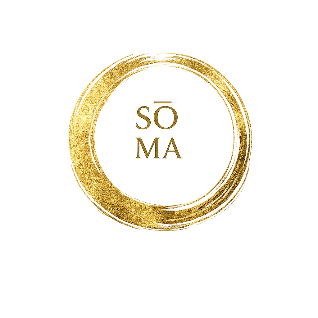 Sanctum of Soma logo is a hand brushed circle of gold with SØMA written in the center, the circle symbolises the sanctuary within