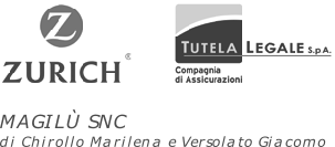 Loghi di Zurich e Tutela Legale, compagnia di assicurazioni, con testo 'MAGLI SVC di Chirillo Marlena e Verona Giacomo'.