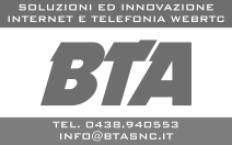 Grafica pubblicitaria per BTA, soluzioni di innovazione per internet e telefonia, con contatti telefonici e email