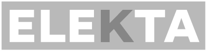 Logo con la parola 'ELEKTA' in caratteri maiuscoli, con parte delle lettere in bianco su sfondo grigio chiaro e parte in grigio scuro su sfondo bianco.