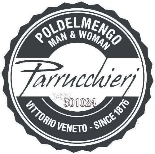 Logo di un barbiere chiamato POLD DELMENGO, specializzato per uomini e donne, situato a Vittorio Veneto, attivo dal 1876.