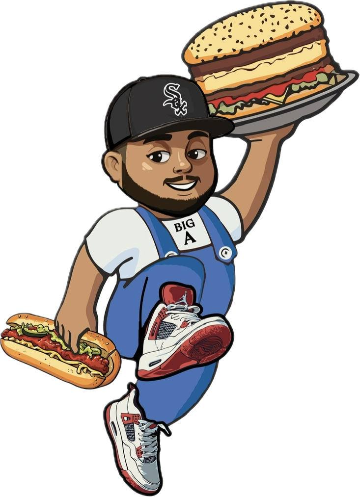 Cartoon man in baseball cap with a plate of a huge sandwich in one hand and a hot dog in the other, dressed in casual athletic clothing with sneakers.