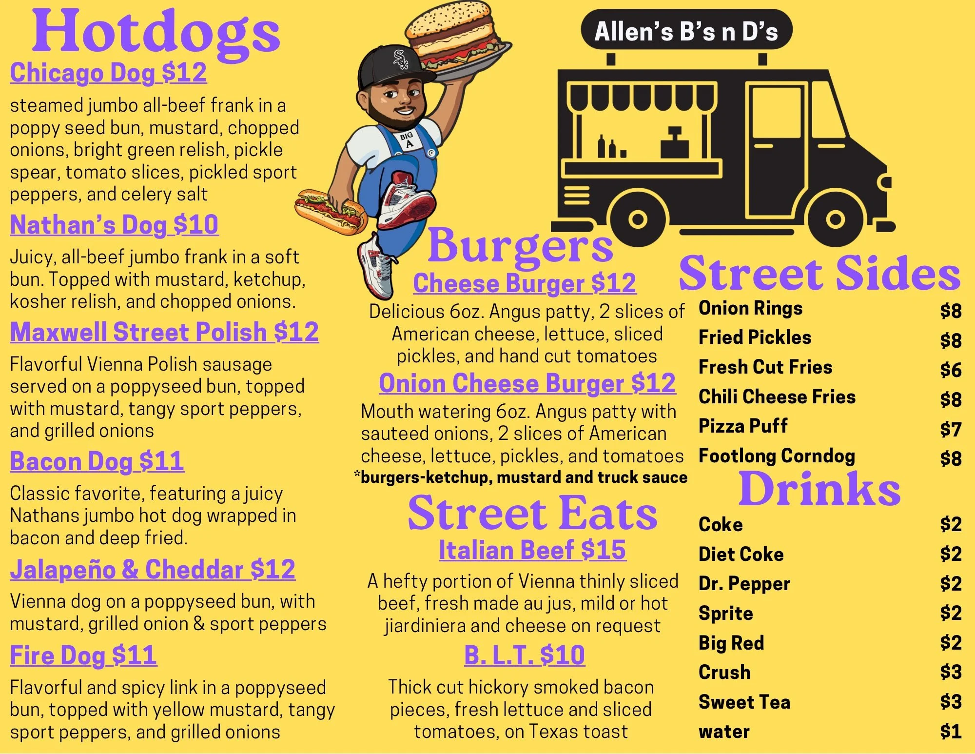 Food menu featuring hot dogs, burgers, street sides, street eats, and drinks with prices. Illustrations include a man holding hot dogs and a food truck labeled 'Allen's B's n D's'.