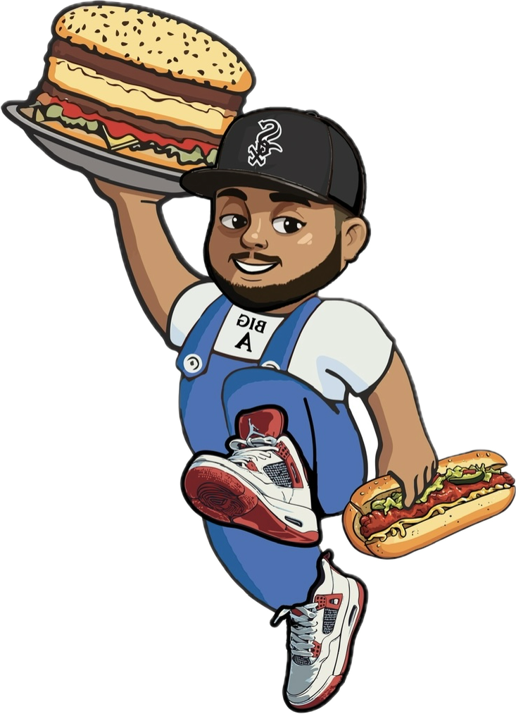 Cartoon man wearing a black Chicago White Sox cap, white t-shirt, and blue apron, holding a large sandwich in one hand and a hot dog in the other, with sneakers and a name tag that says "BIG A."