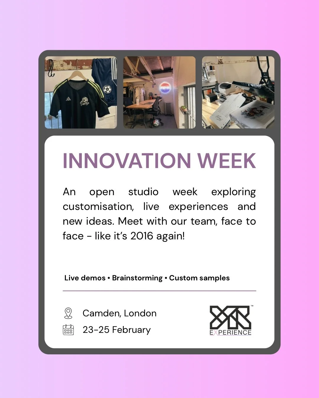 Customisation is trending - where could you take it? 

We&rsquo;re opening up our London studio for live demos, hands-on samples, real case studies and time to talk ideas - properly, in person. 

If you&rsquo;re exploring live customisation or planni