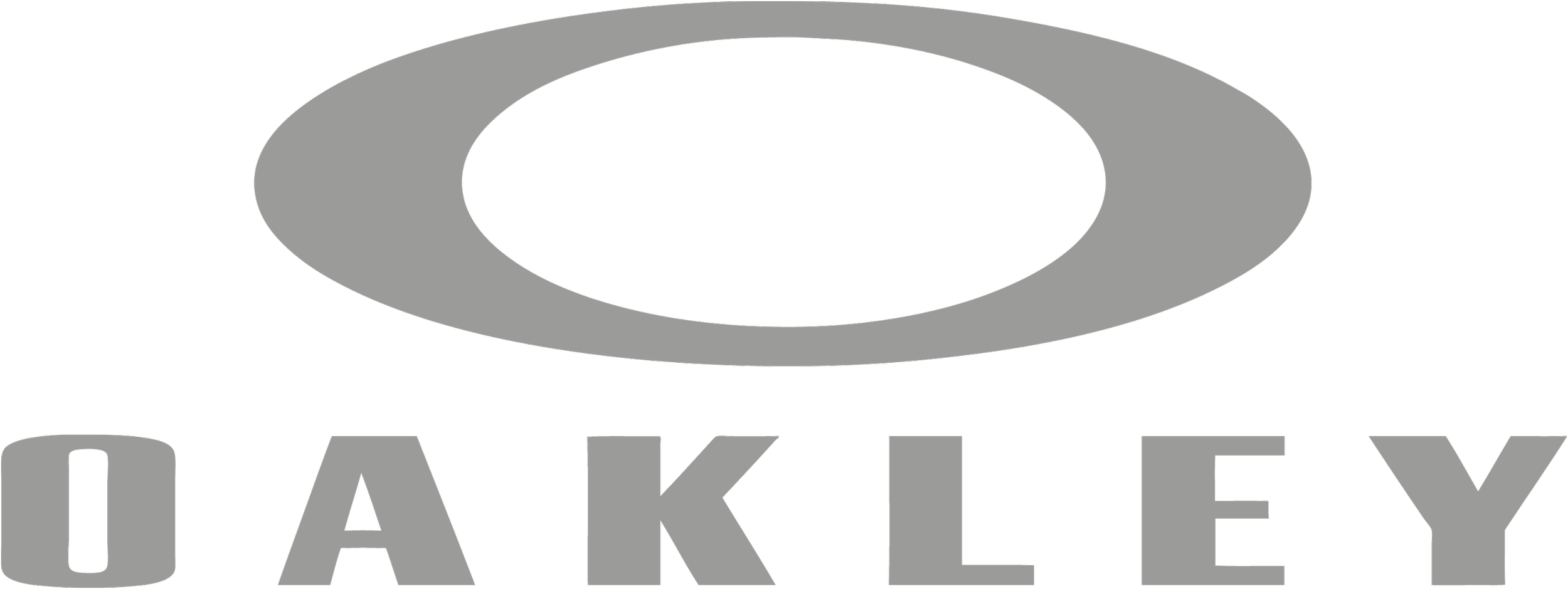Oakley logo with a black background, gray oval emblem, and gray text.