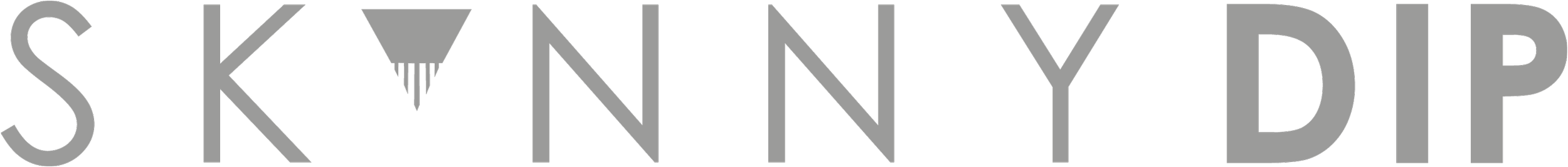The word "SKINNY DIP" written in large gray capital letters with a stylized triangle and dripping design at the top of the "I".