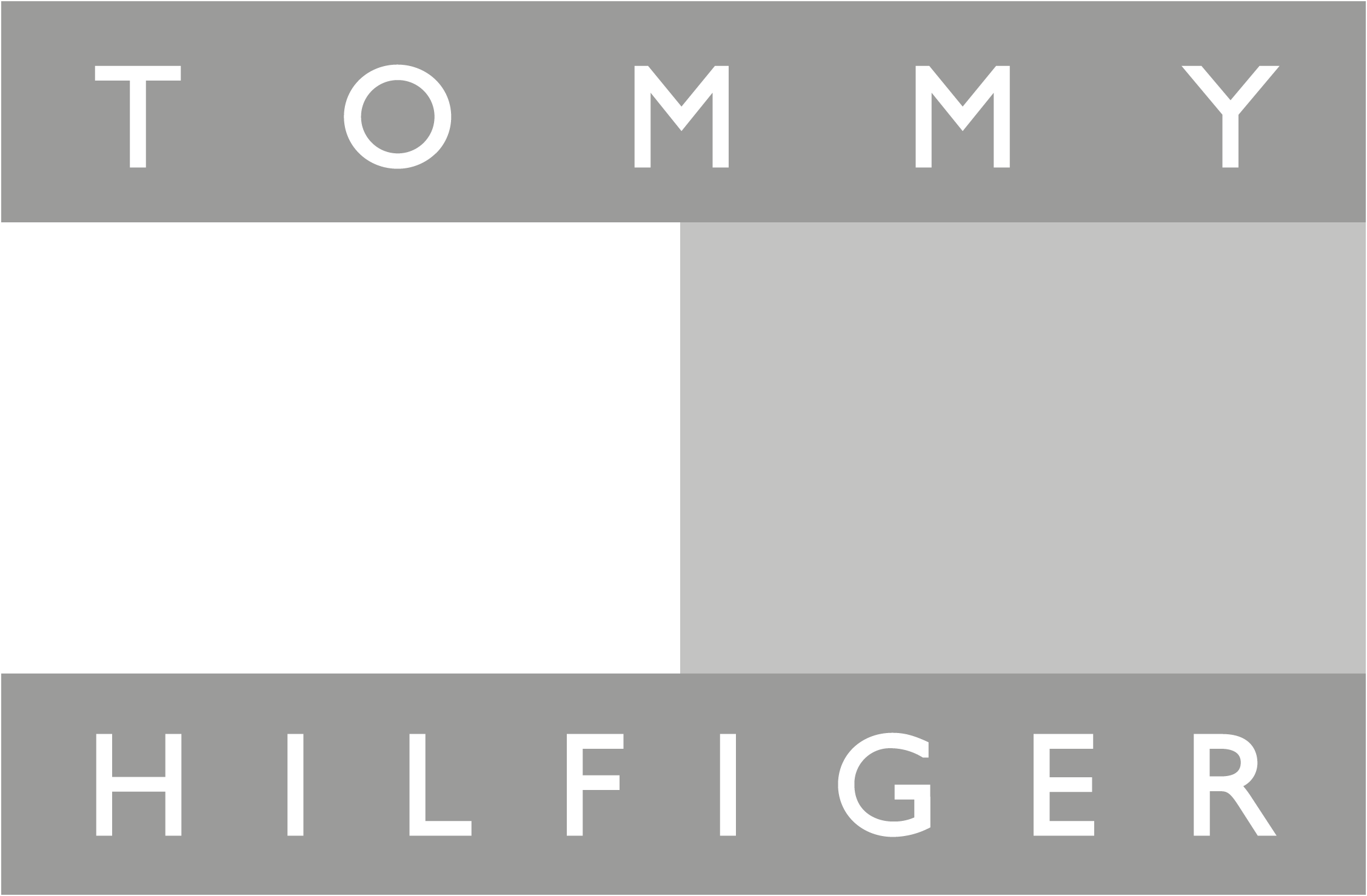 Black square in center of gray background with the words "TOMMY HILFIGER" in black capital letters at the top and bottom.