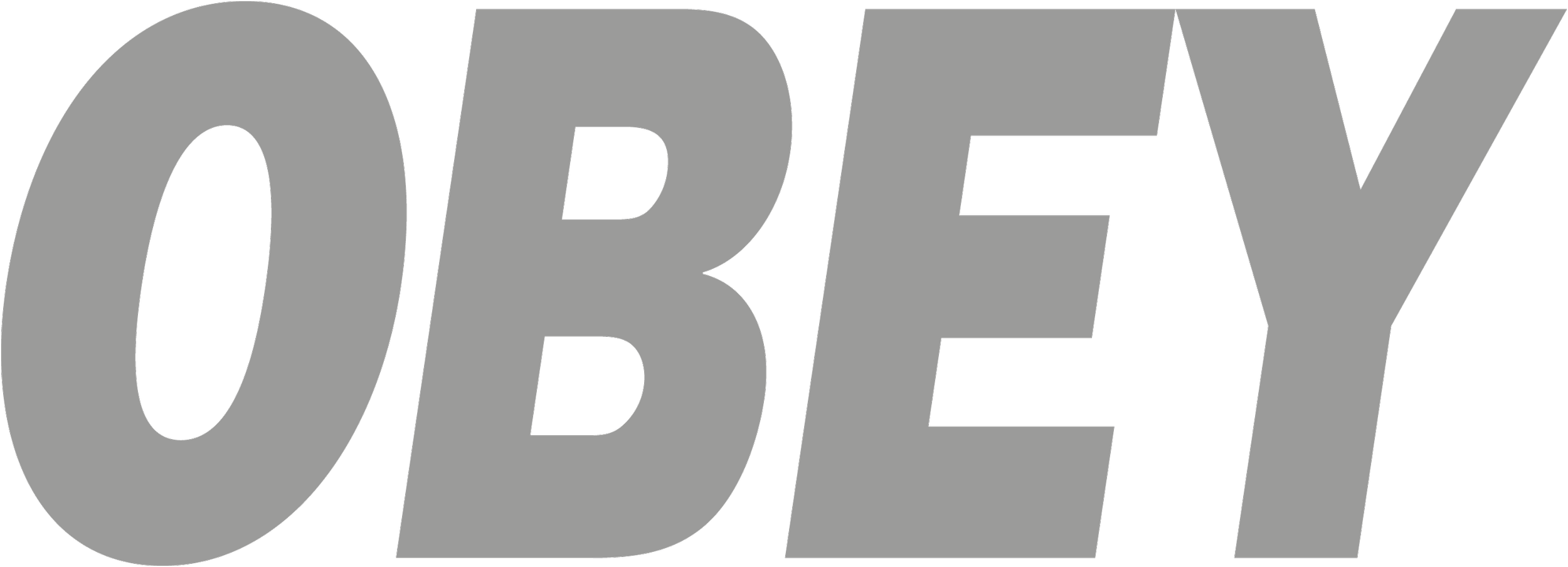 Close-up of the word 'OBEY' in large, bold, gray capital letters on a black background.
