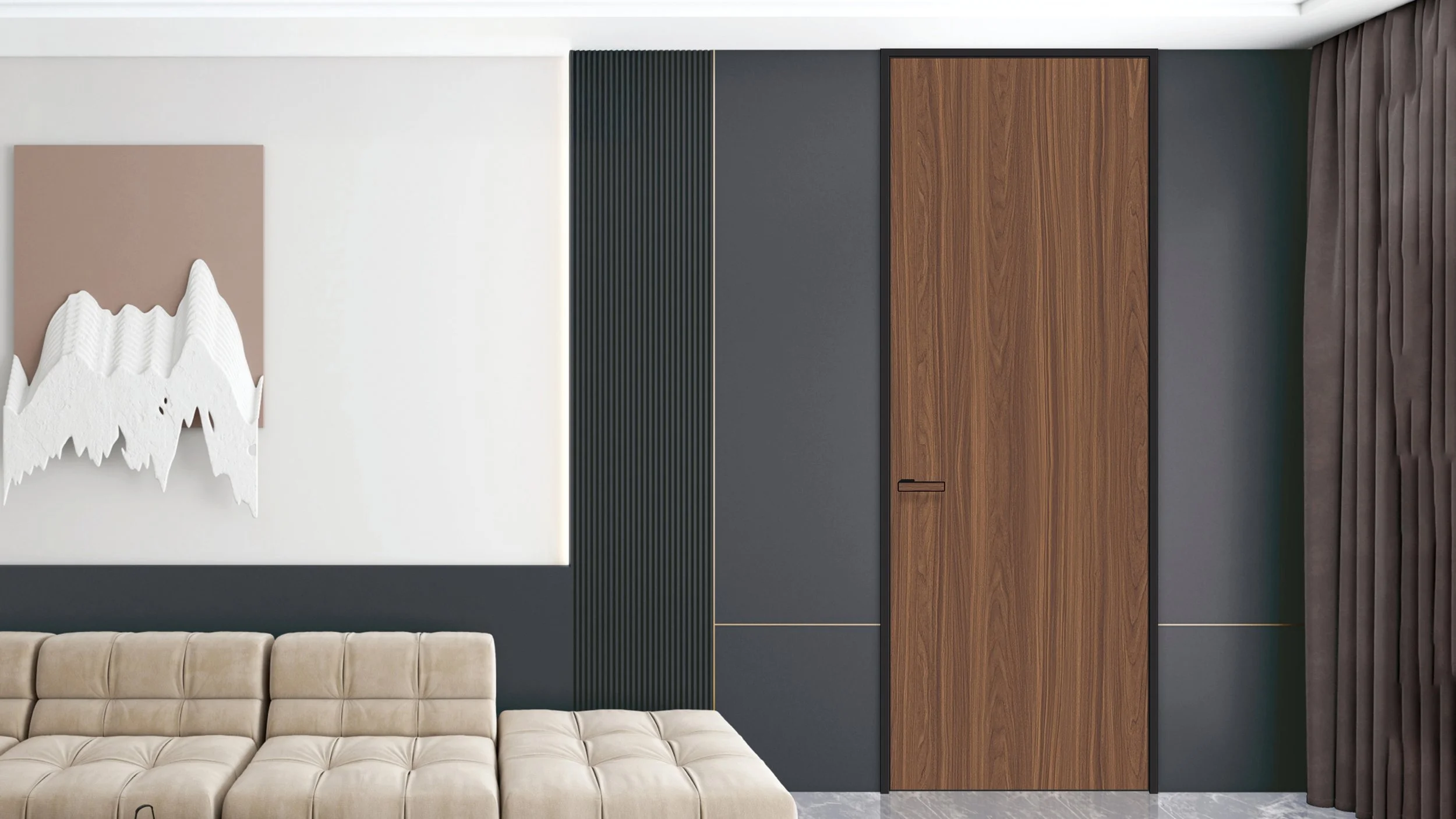 Modern interior with beige sofa, abstract wall art, dark wood and gray closet door, and gray curtains.